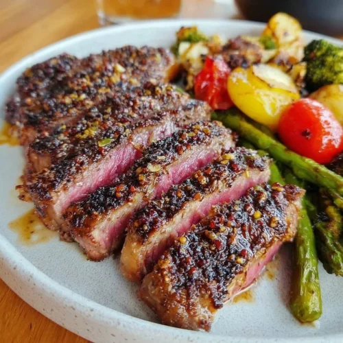 Coffee rubbed NY Strip Steak served with roasted vegetables