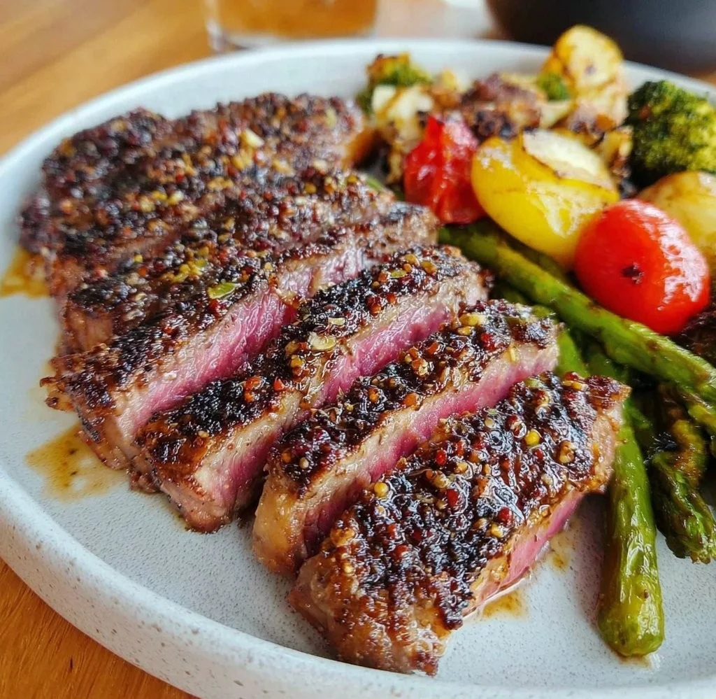 Coffee rubbed NY Strip Steak served with roasted vegetables
