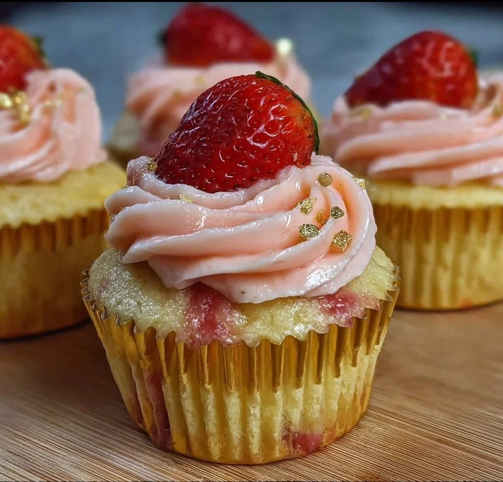 Fluffy champagne strawberry mimosa cupcakes topped with fresh strawberries and frosting.