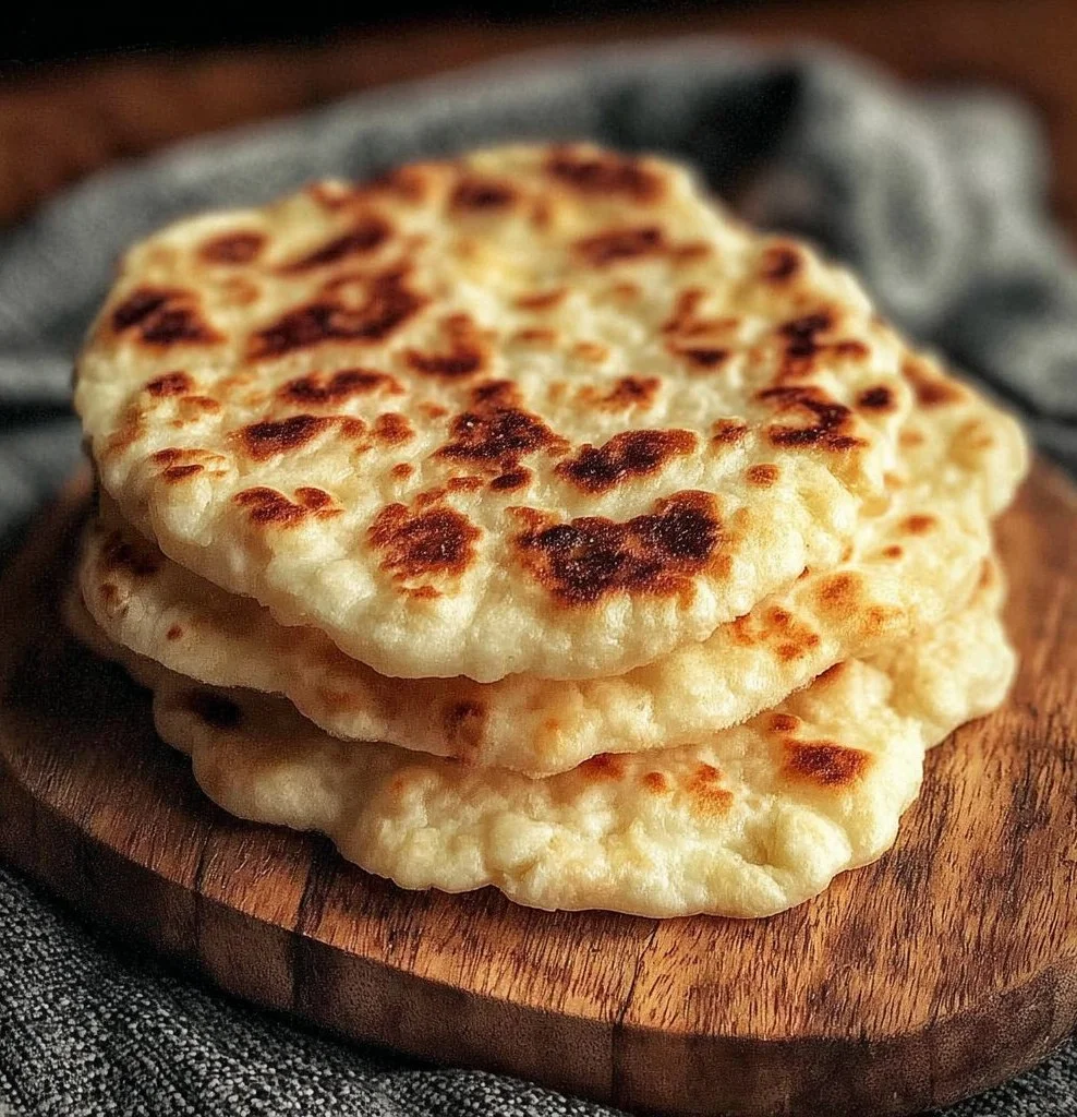 Freshly baked fluffy homemade pita bread on a wooden board