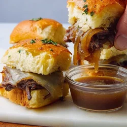 French Dip Sliders with melted cheese and dipping sauce