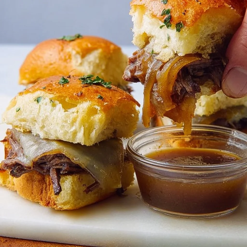 French Dip Sliders with melted cheese and dipping sauce
