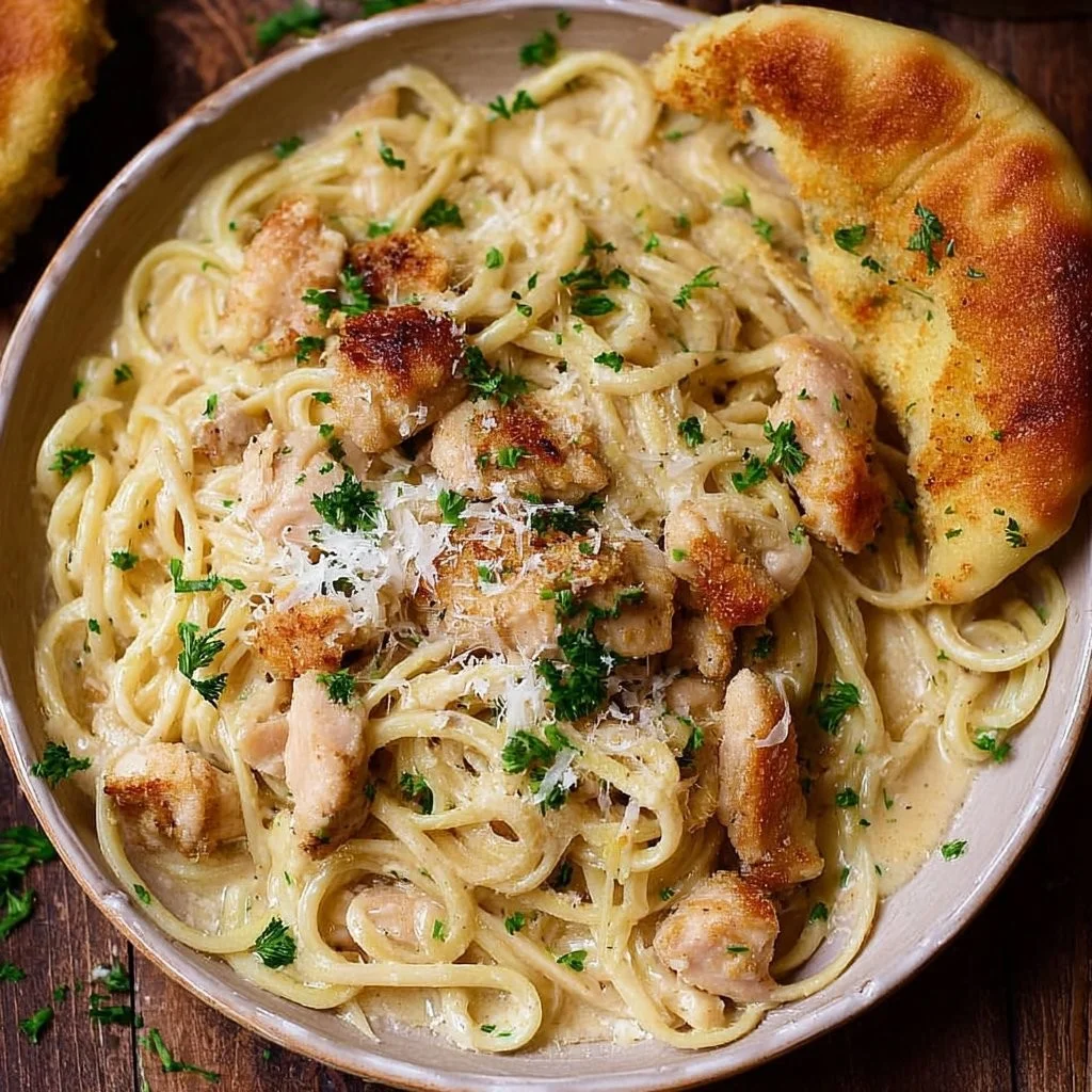 Delicious Garlic Parmesan Chicken Pasta garnished with herbs