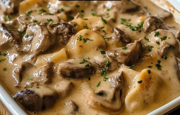Gordon Ramsay's delicious Beef Stroganoff served with creamy sauce and noodles.