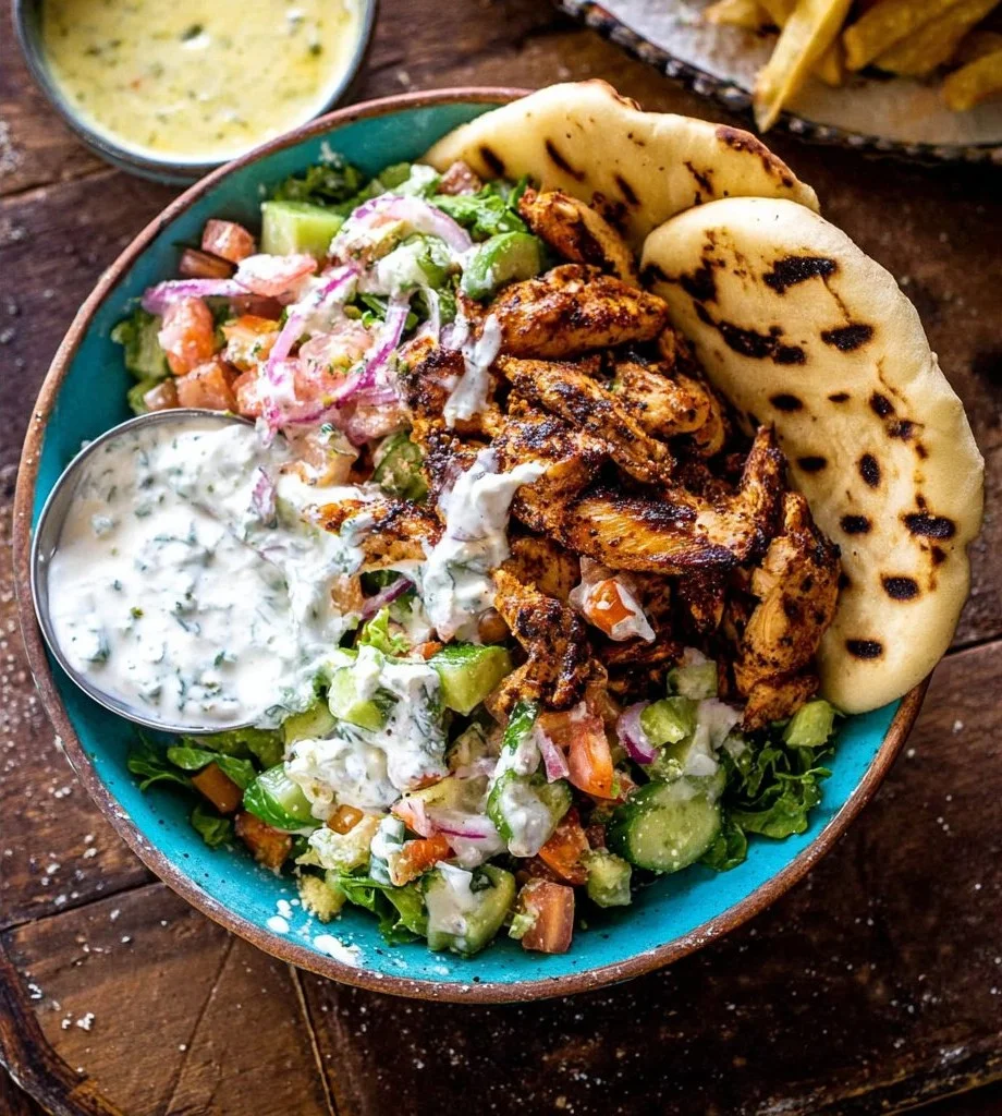 Greek Chicken Tzatziki Bowl with fresh vegetables and sauce