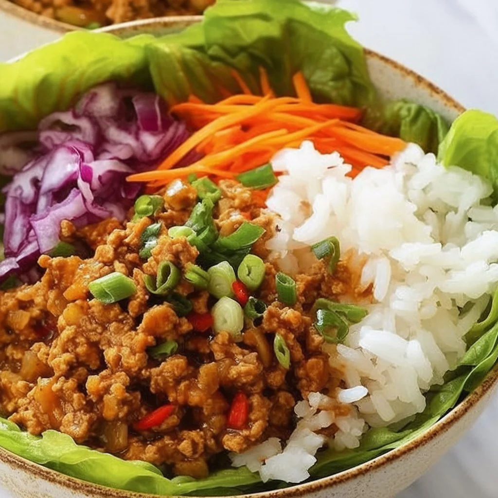 Healthy ground turkey lettuce wrap bowls with fresh vegetables and sauces.