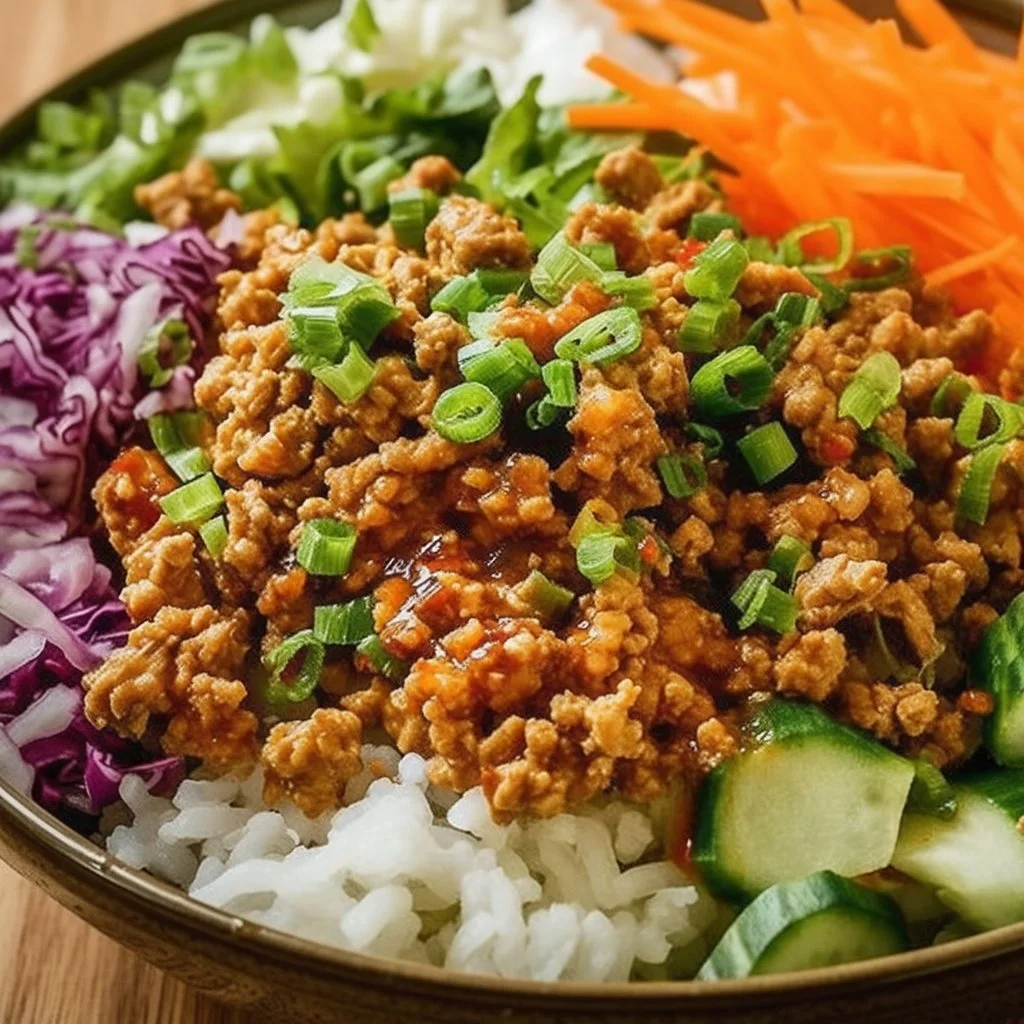 Healthy ground turkey lettuce wrap bowls with fresh vegetables and sauces.