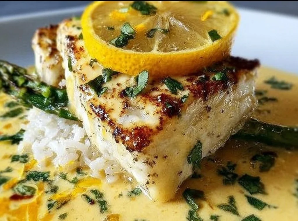 Plated halibut topped with zesty lemon butter sauce, garnished with herbs.