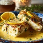 Plated halibut topped with zesty lemon butter sauce, garnished with herbs.