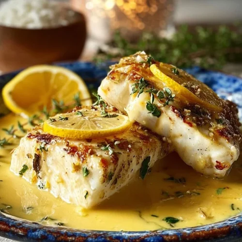 Plated halibut topped with zesty lemon butter sauce, garnished with herbs.