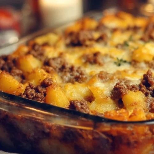 Delicious Hamburger Potato Casserole baked with layers of ground beef and potatoes