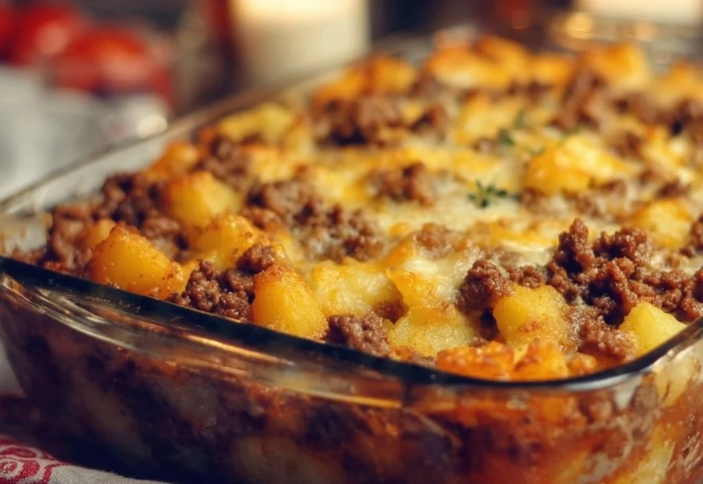 Delicious Hamburger Potato Casserole baked with layers of ground beef and potatoes