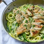 Healthy chicken alfredo with zoodles served in a bowl