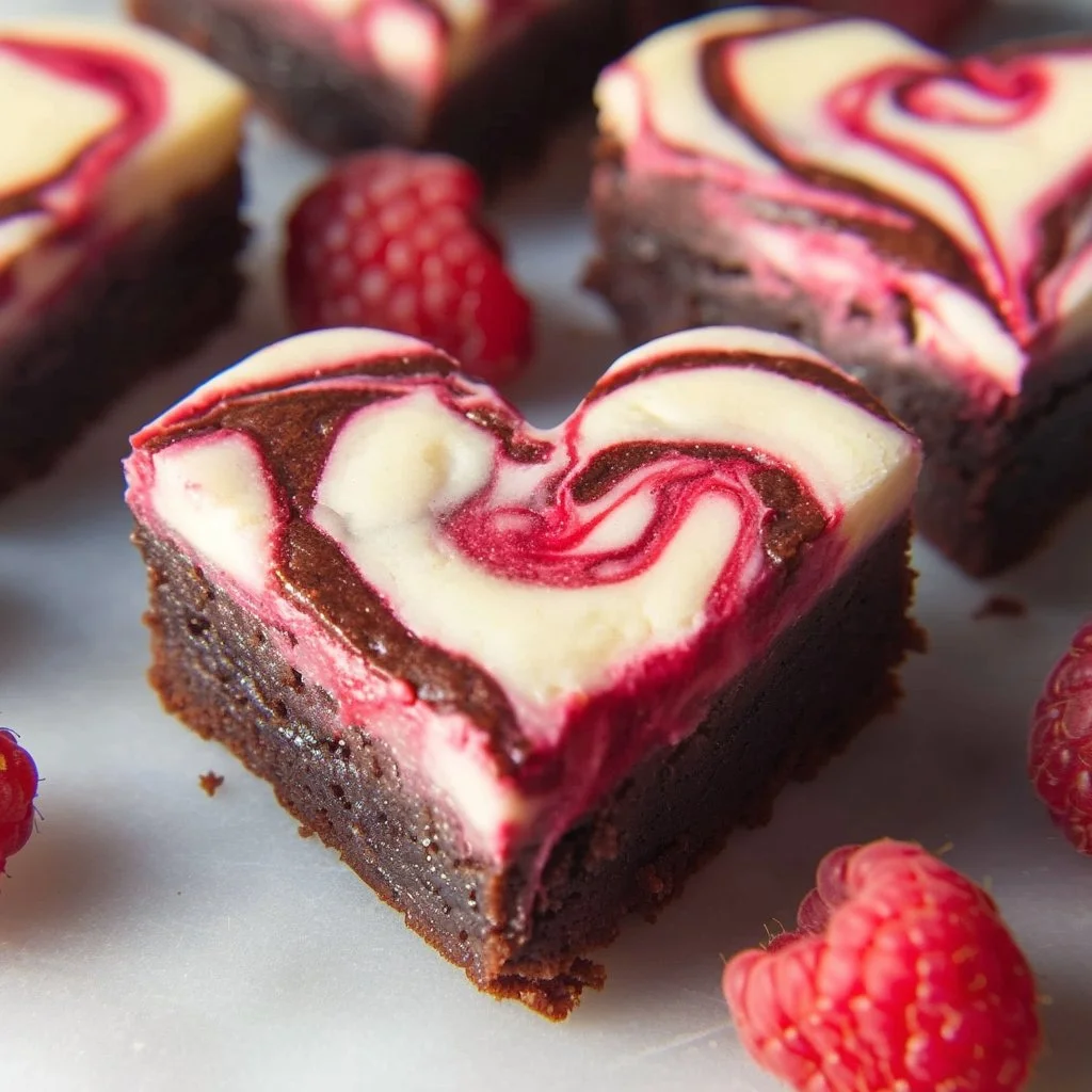 Heart shaped brownies with raspberry swirl and cheesecake drizzle