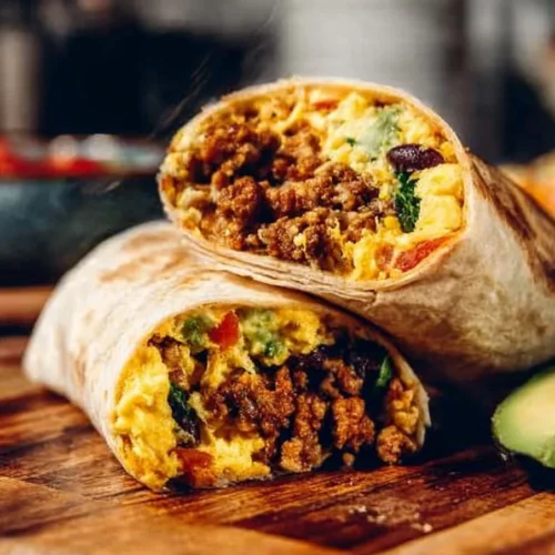 High protein breakfast burrito filled with eggs, beans, and veggies