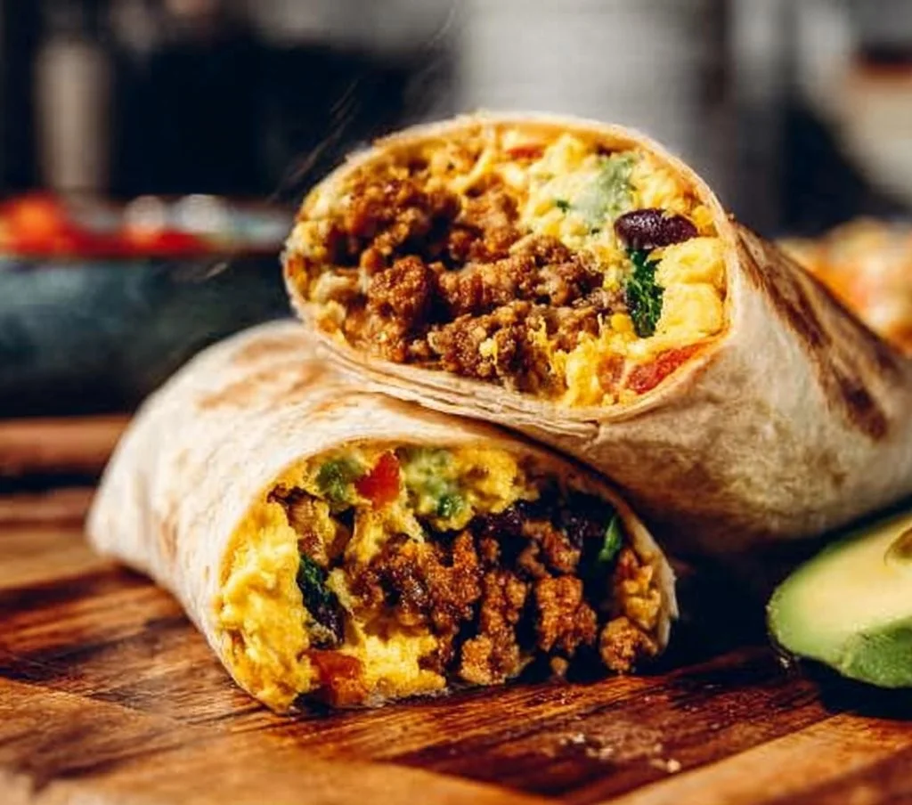 High protein breakfast burrito filled with eggs, beans, and veggies