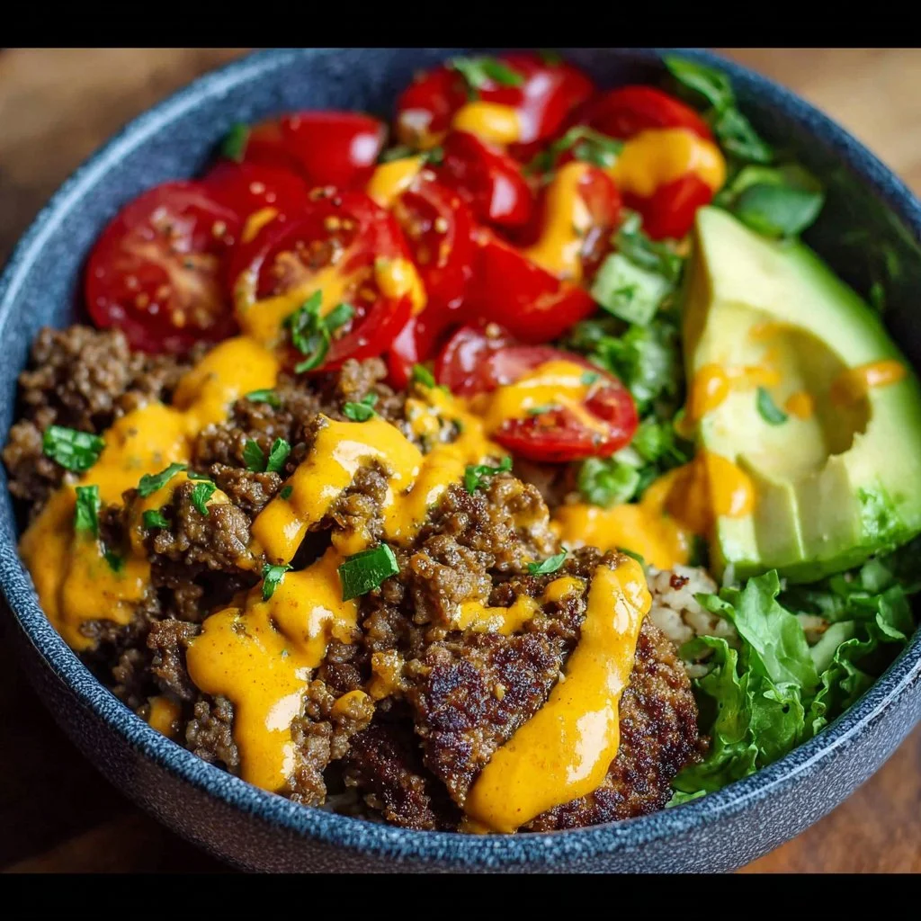 High-protein cheeseburger bowls with ground beef and burger sauce.
