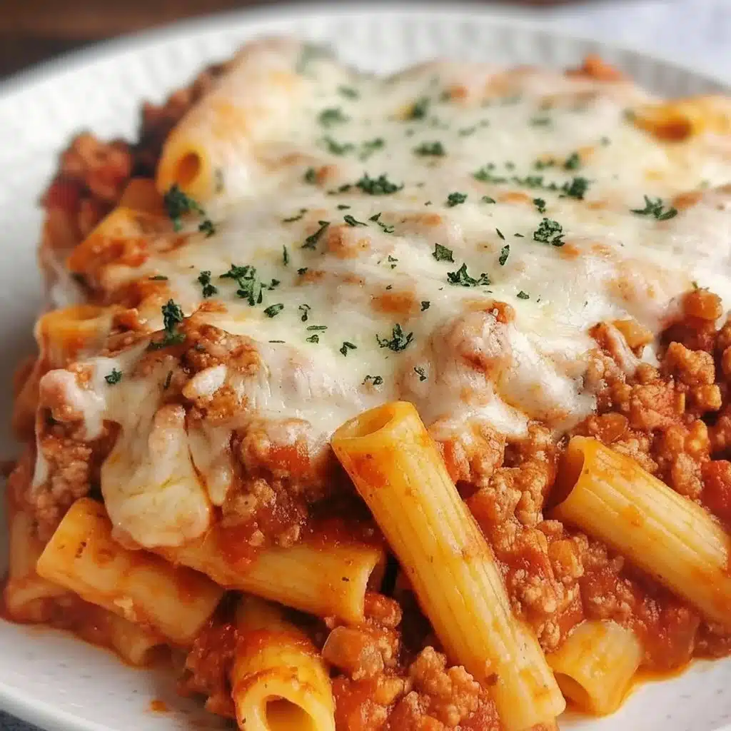 High protein baked ziti with cottage cheese, served in a pasta dish