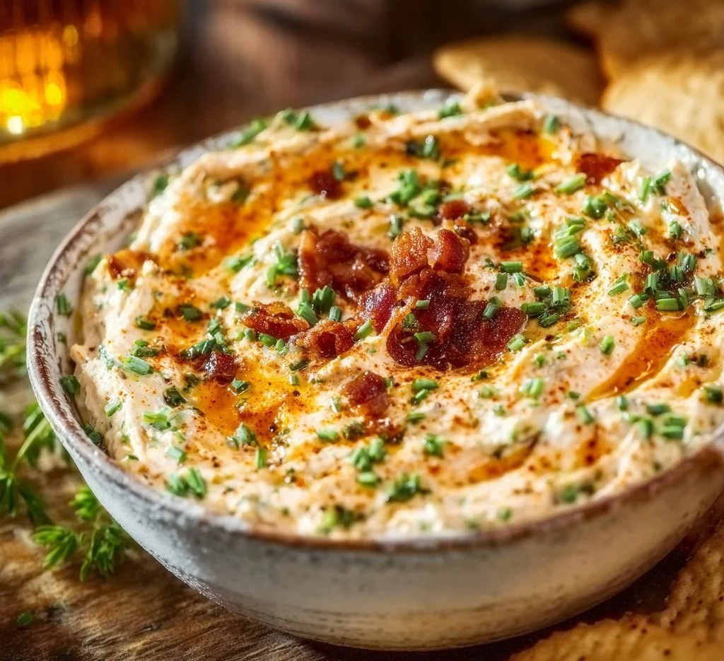 Delicious high protein crack dip served in a bowl with fresh vegetables.