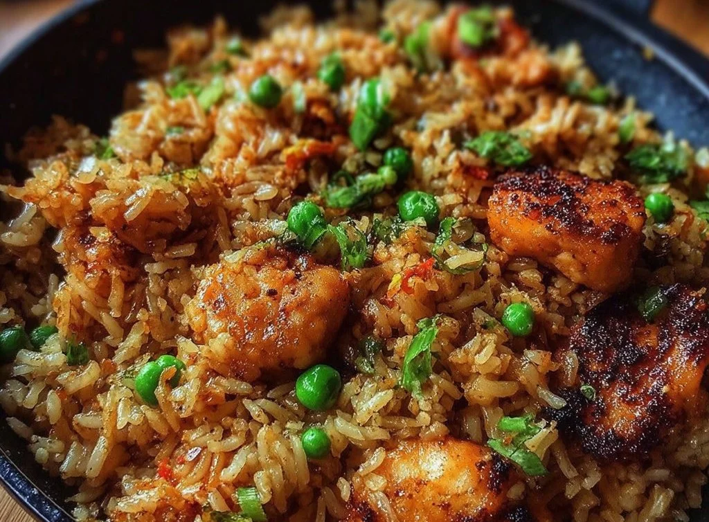 Delicious high protein crispy garlic chicken served over fried rice.