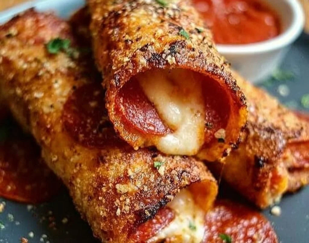 High protein pepperoni pizza rolls ready to eat, crispy and flavorful snack.