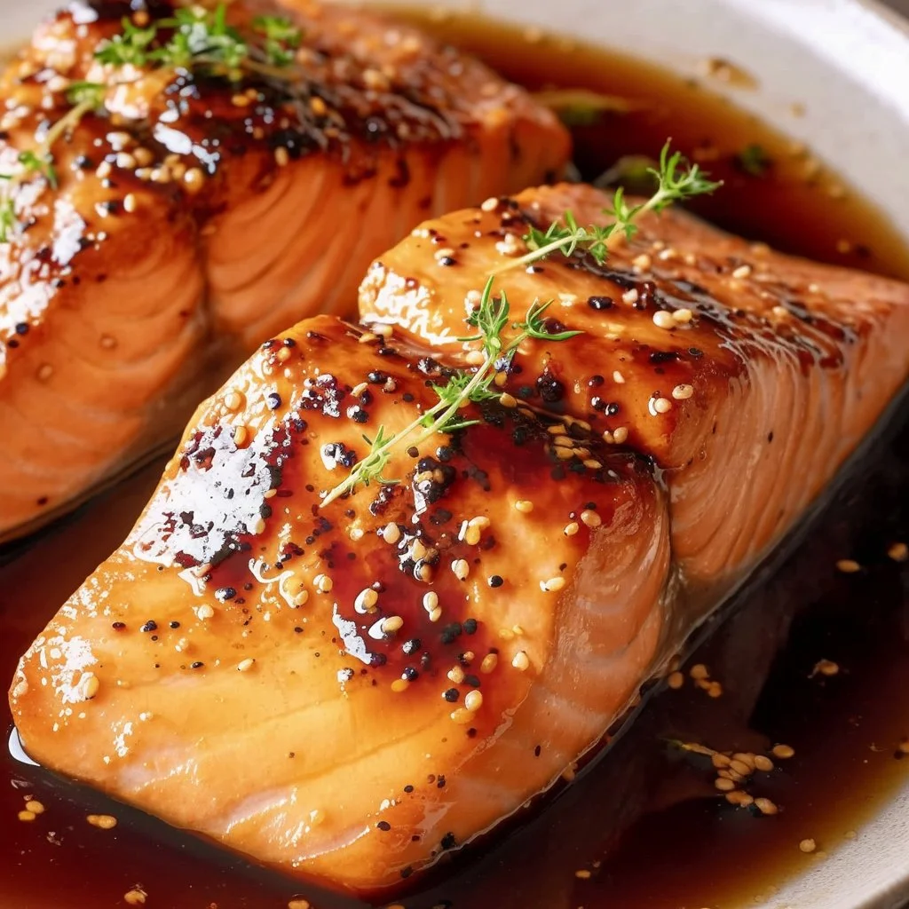 Honey garlic glazed salmon fillet on a plate with garnishes