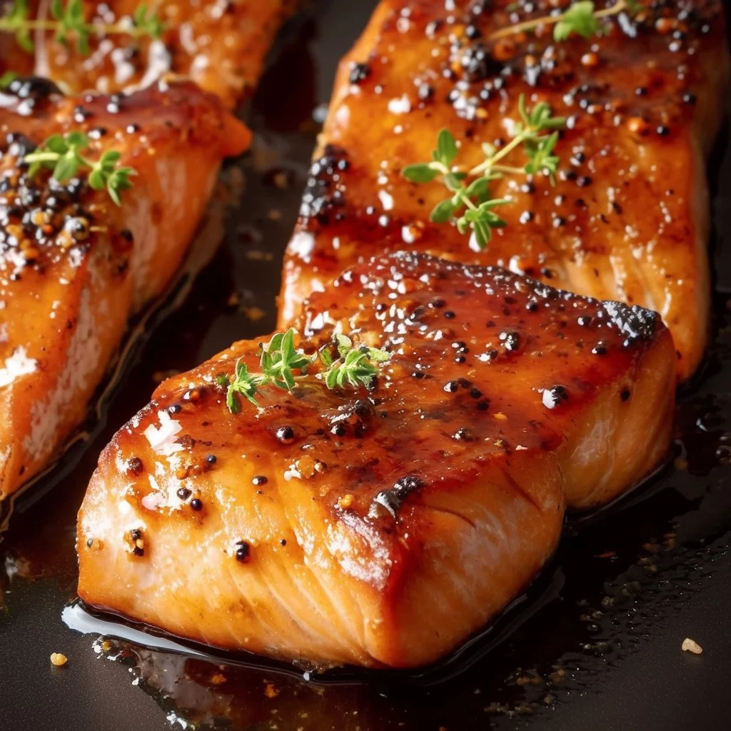 Honey garlic glazed salmon fillet on a plate with garnishes