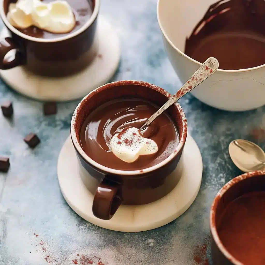 A rich cup of dark hot chocolate topped with whipped cream and cocoa powder