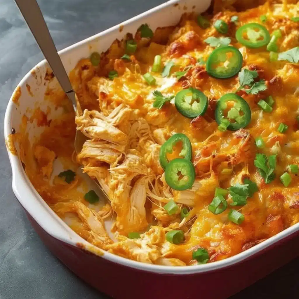 Jalapeño Buffalo Chicken Casserole with melted cheese and garnished with jalapeños