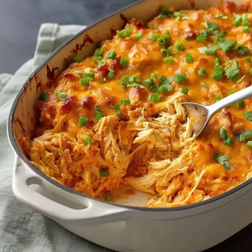 Jalapeño Buffalo Chicken Casserole with melted cheese and garnished with jalapeños
