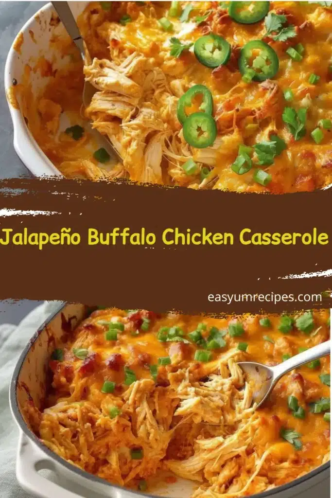 Jalapeño Buffalo Chicken Casserole with melted cheese and garnished with jalapeños