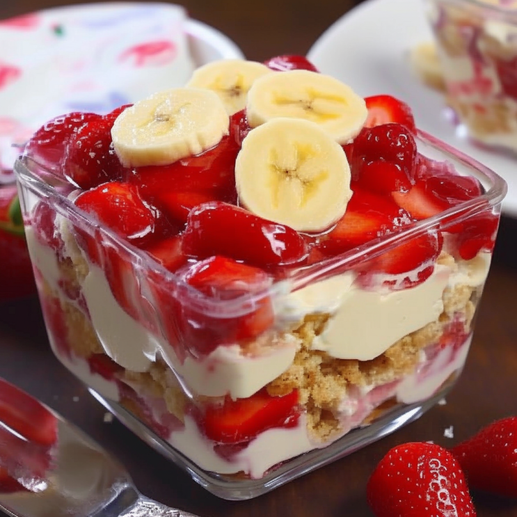 Delicious strawberry banana pudding dessert topped with fresh fruit