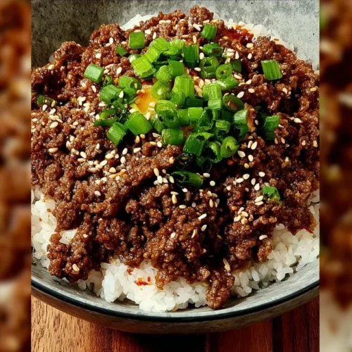Delicious Korean ground beef bowl with rice and vegetables