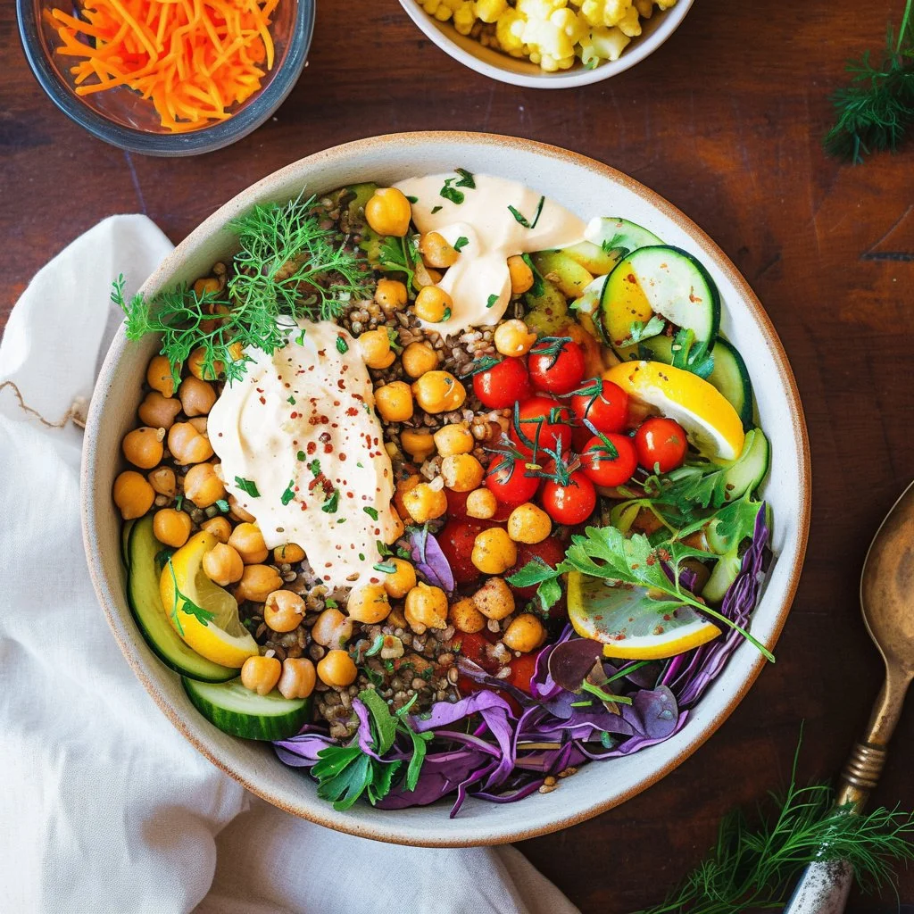 Mediterranean chickpea bowls with fresh vegetables and dressing