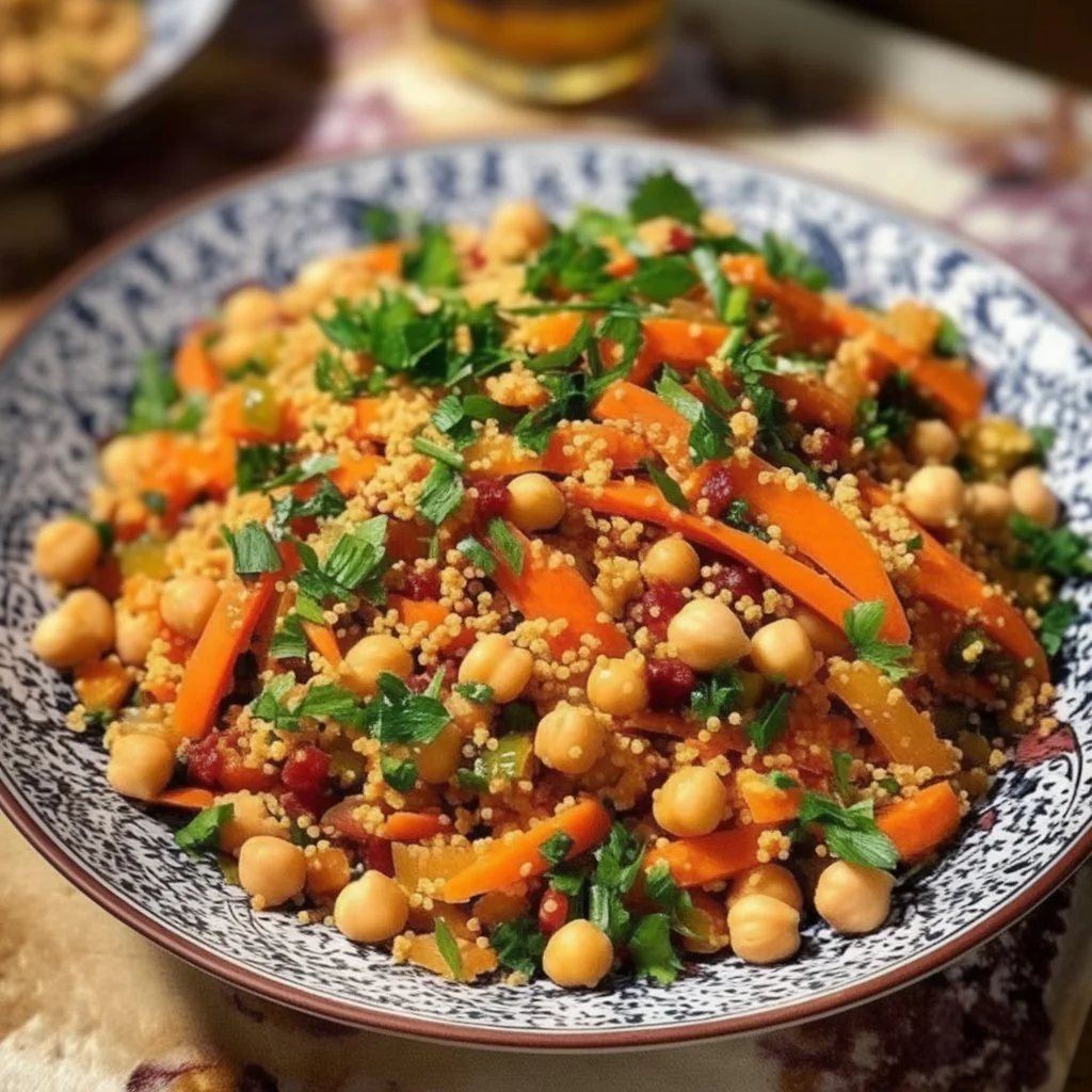 Moroccan-Spiced Chickpea and Carrot Couscous Salad with vibrant colors and ingredients.
