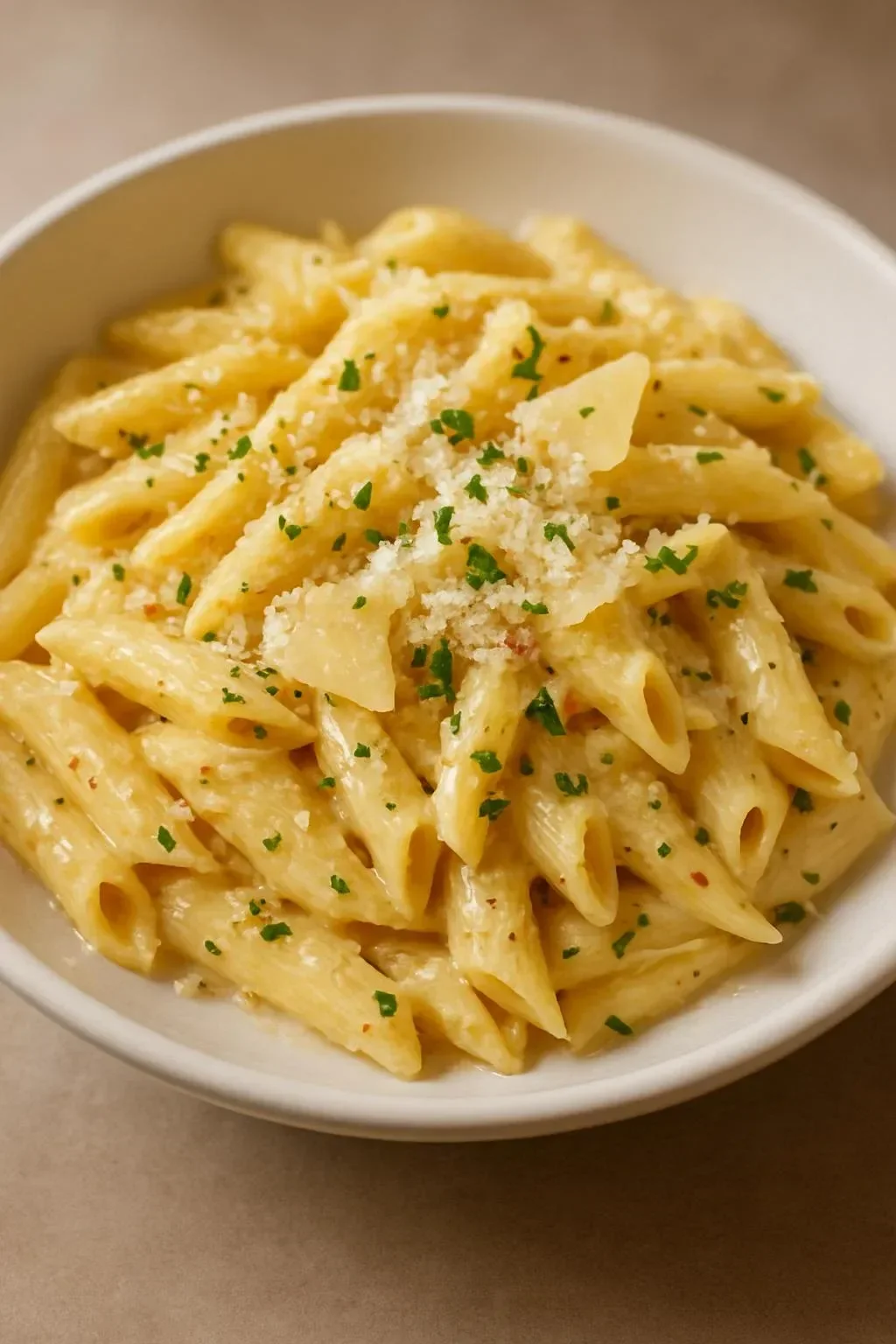 One Pot Creamy Garlic Pasta served in a bowl, garnished with parsley
