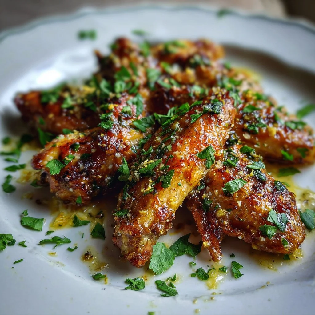 Oven baked crispy chicken wings with lemon and garlic sauce on a plate