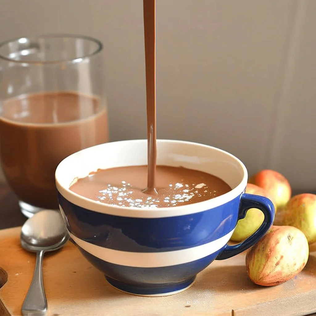 A cup of rich Parisian hot chocolate topped with whipped cream and cocoa powder.