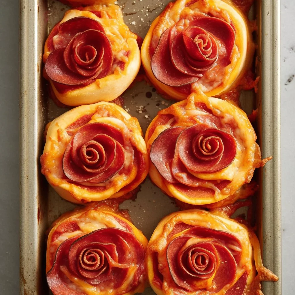 Creative pepperoni pizza roses arranged on a platter
