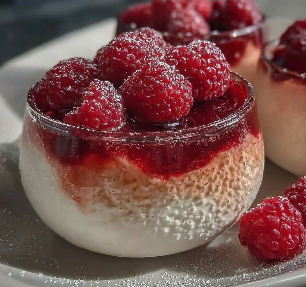 Elegant Champagne Raspberry Panna Cotta dessert topped with fresh raspberries.