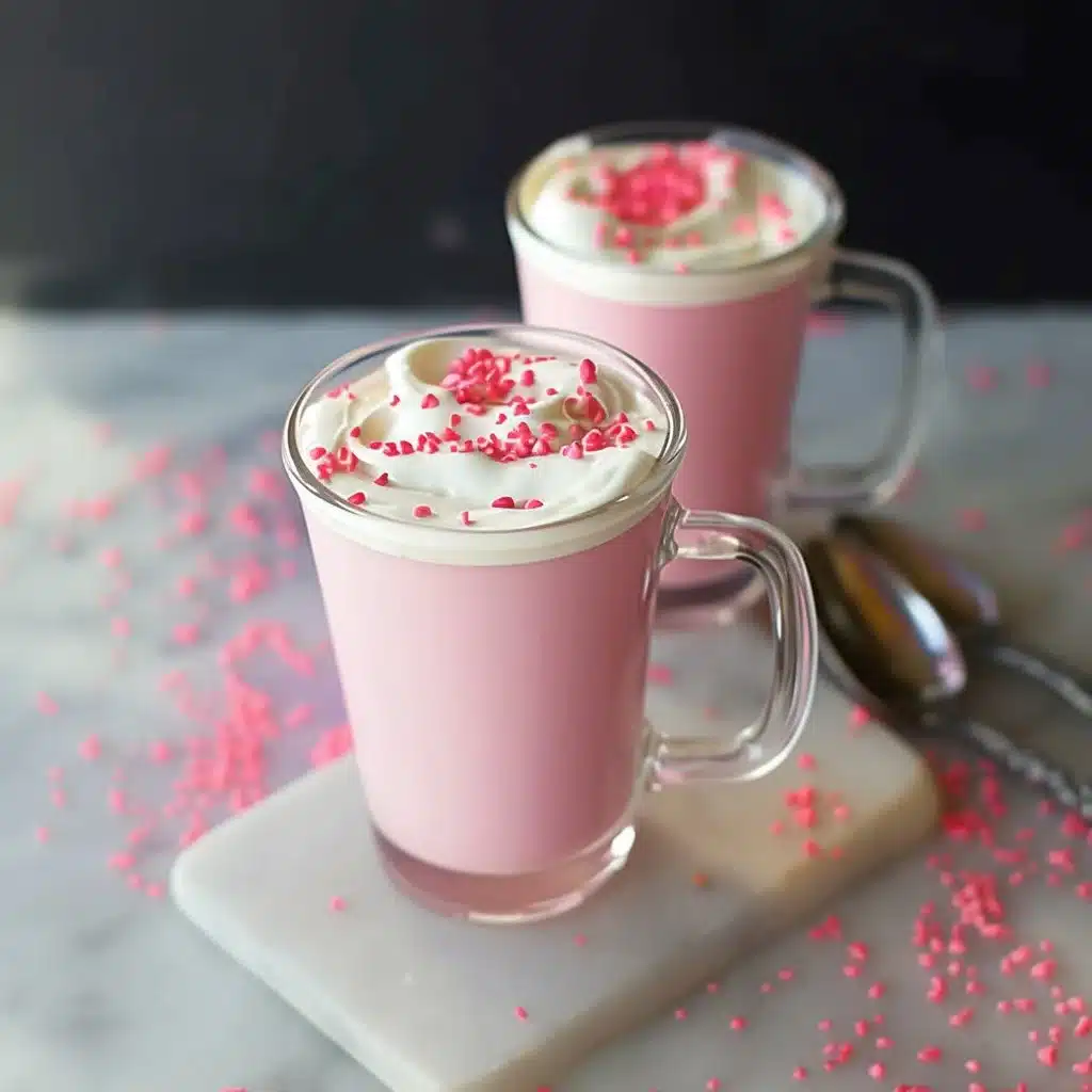 A cozy cup of pink hot chocolate topped with Mason jar whipped cream