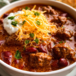 Delicious chili recipe with chili con carne topped with fresh herbs.