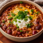 A bowl of homemade chili made with McCormick Chili Seasoning Mix and ground beef.