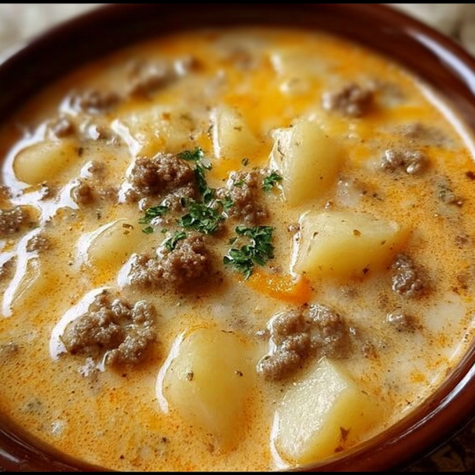 Bowl of Easy Cheesy Hamburger Potato Soup topped with cheese and herbs.