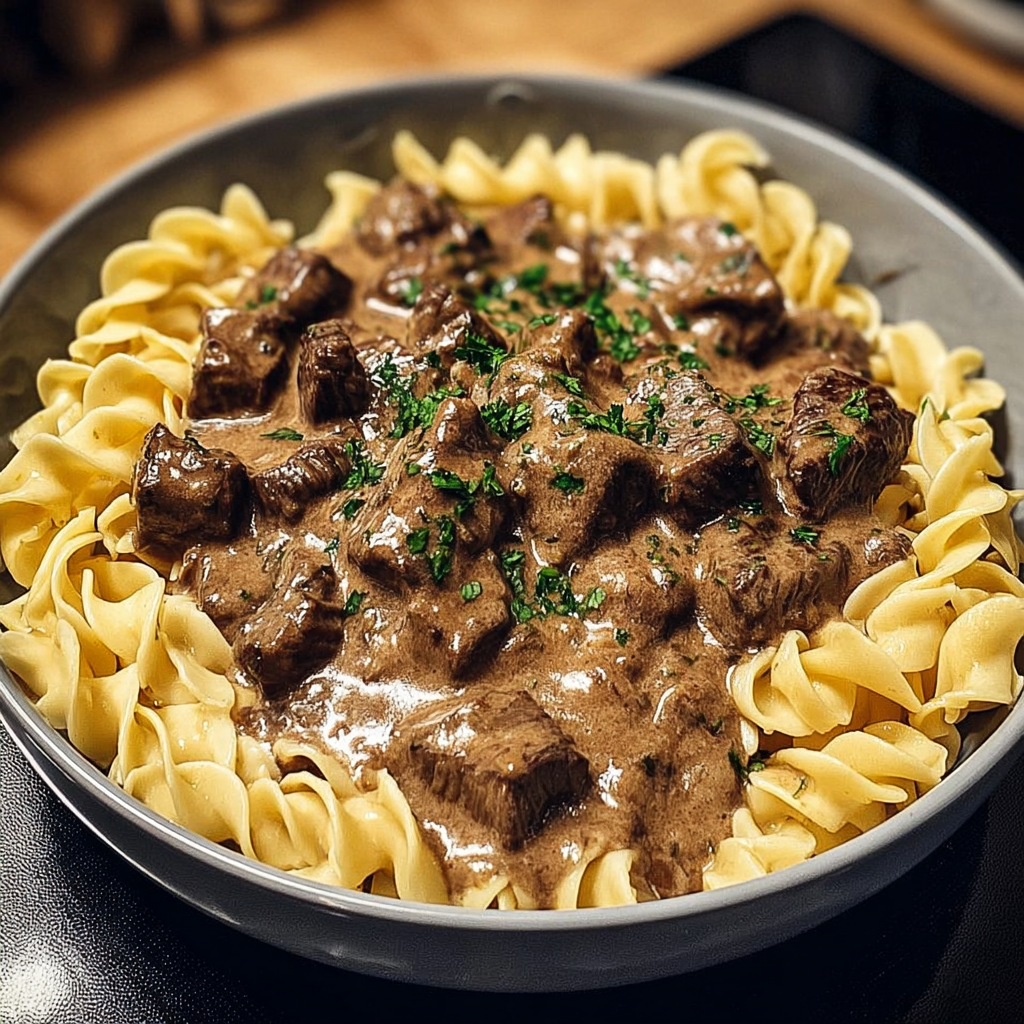 Delicious Beef Stroganoff served over egg noodles in a creamy sauce