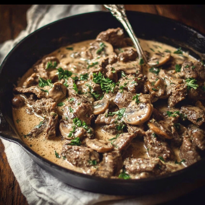 Creamy and savory Beef Stroganoff served with egg noodles
