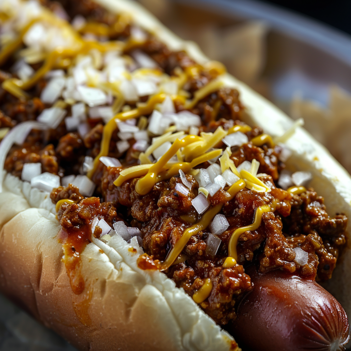 Delicious Skyline Chili served over spaghetti with cheese and onions.