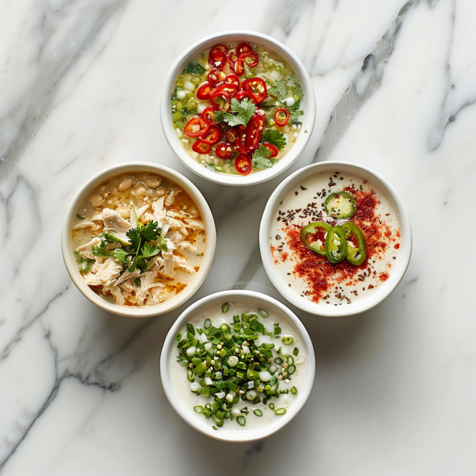 three bowls forming triangle composition, white chicken chili, green chile, red chili, top down view, color gradient from white to green to red, minimalist food photography, marble background, natural light --ar 1:1 --v 6