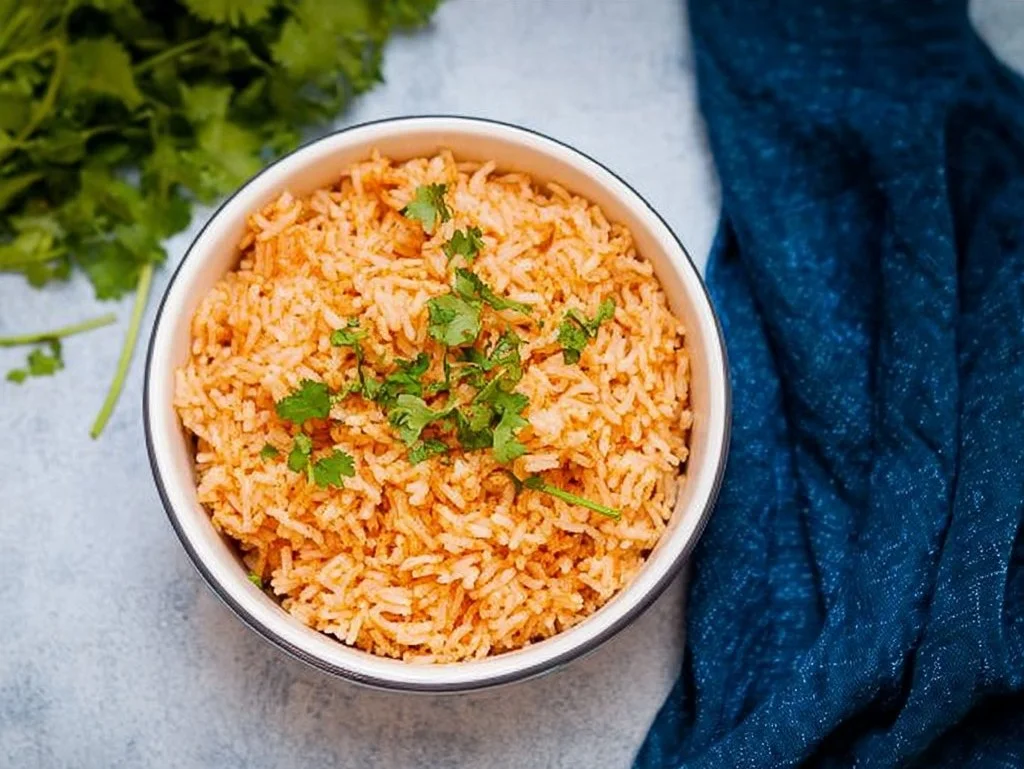 Bowl of flavorful rice cooker Mexican rice with fresh ingredients