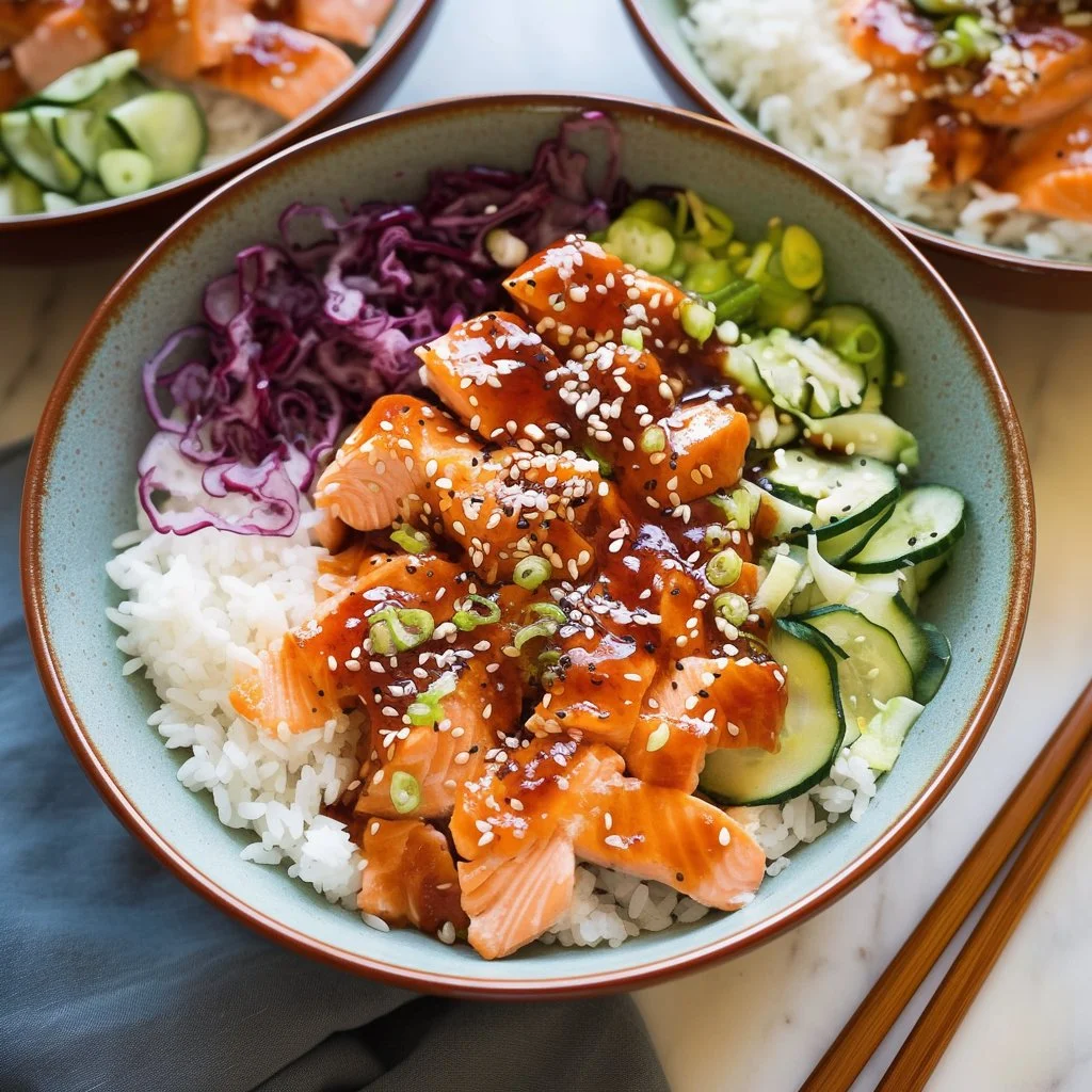 Delicious salmon rice bowl topped with fresh vegetables and a drizzle of sauce.